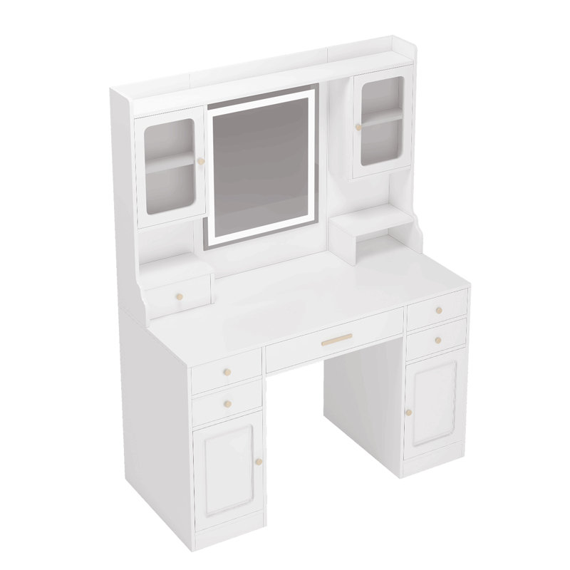 Grande coiffeuse avec miroir, 6 tiroirs et tablettes, bureau de commode