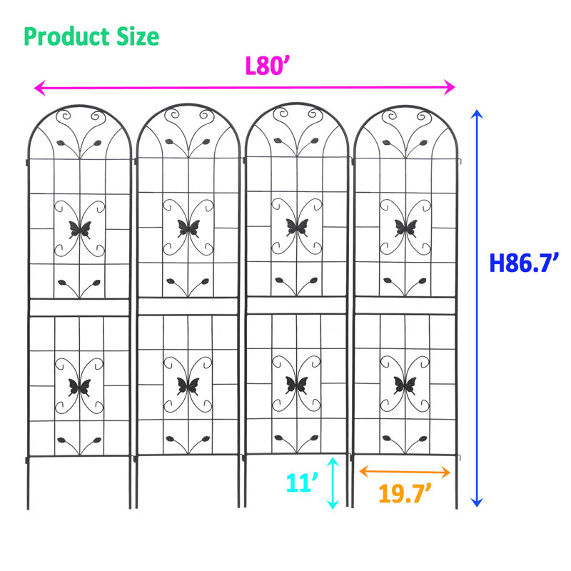 Treillis en métal 86,7 po x 19,7 po, paquet de 4, antirouille pour plantes grimpantes d'extérieur, tuyau rond galvanisé noir, support à fleurs double