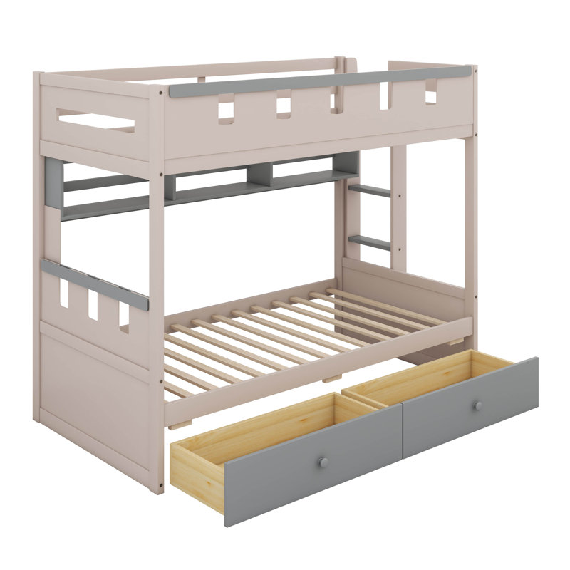 Castle Style Bunk Bed With 2 Storage Drawers, Wood Kids Bunk Bed Frame With Open Shelf And LED, Gray, Twin