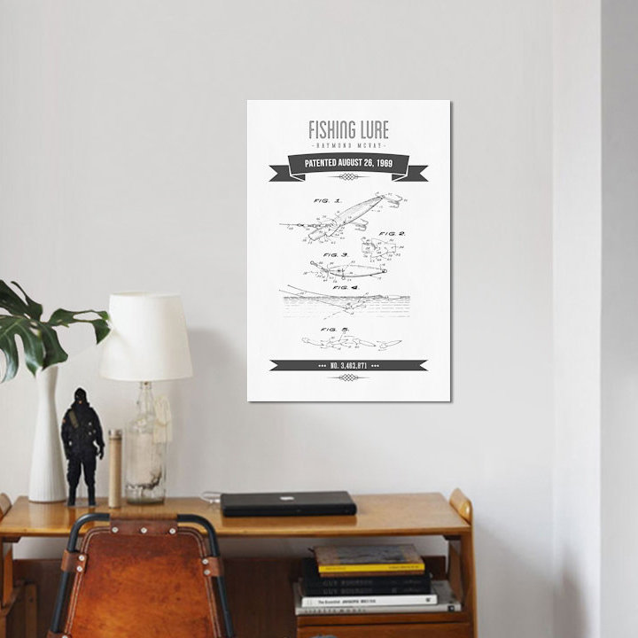 " Raymond McVay Fishing Lure Patent Sketch Retro IV " by Aged Pixel, 26" H x 18" W x 1.5" D, No Mat, Wrapped Canvas