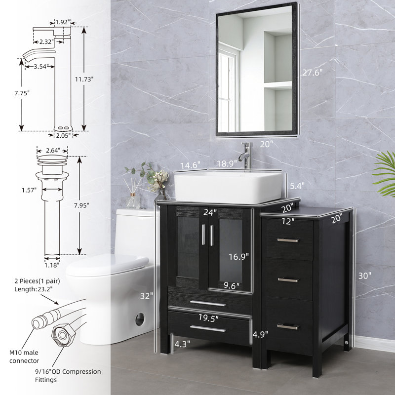 Camlin 36" Single Bathroom Vanity Set with Manufactured Wood Top, Vessel Sink,  Faucet, Drain, Black, Dark Espresso