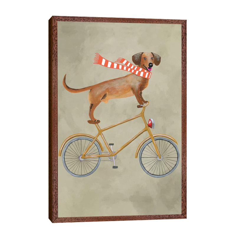 Dachshund On Bicycle II by Coco De Paris - Floater Frame Print on Canvas, 66.04 cm H x 45.72 cm W, Brown