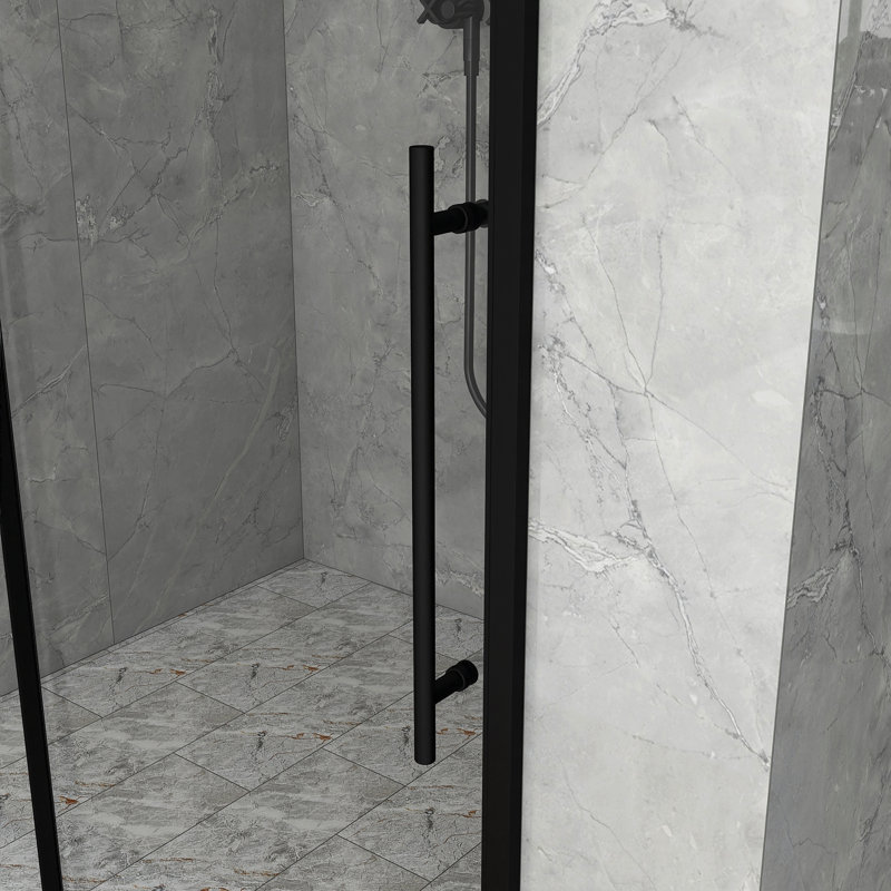 60 po X P 72 po Porte de douche coulissante semi-sans cadre en H au fini noir mat avec verre trempé transparent