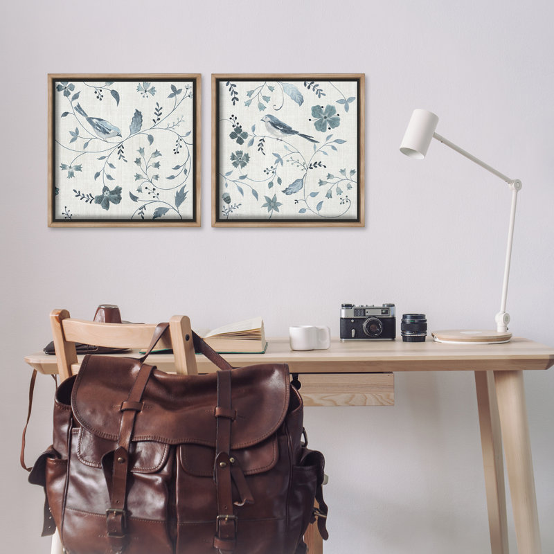 Oiseaux naturels et branches, ensemble de 2 toiles flottantes encadrées grises, design par Janet Tava, H 18 po x l 18 po