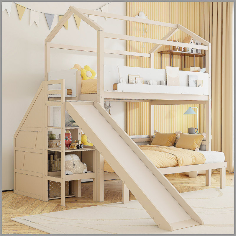 Lit superposé en bois en forme de maison avec glissade et escalier de rangement, cadre de lit simple / simple / double pour enfants, beige et blanc
