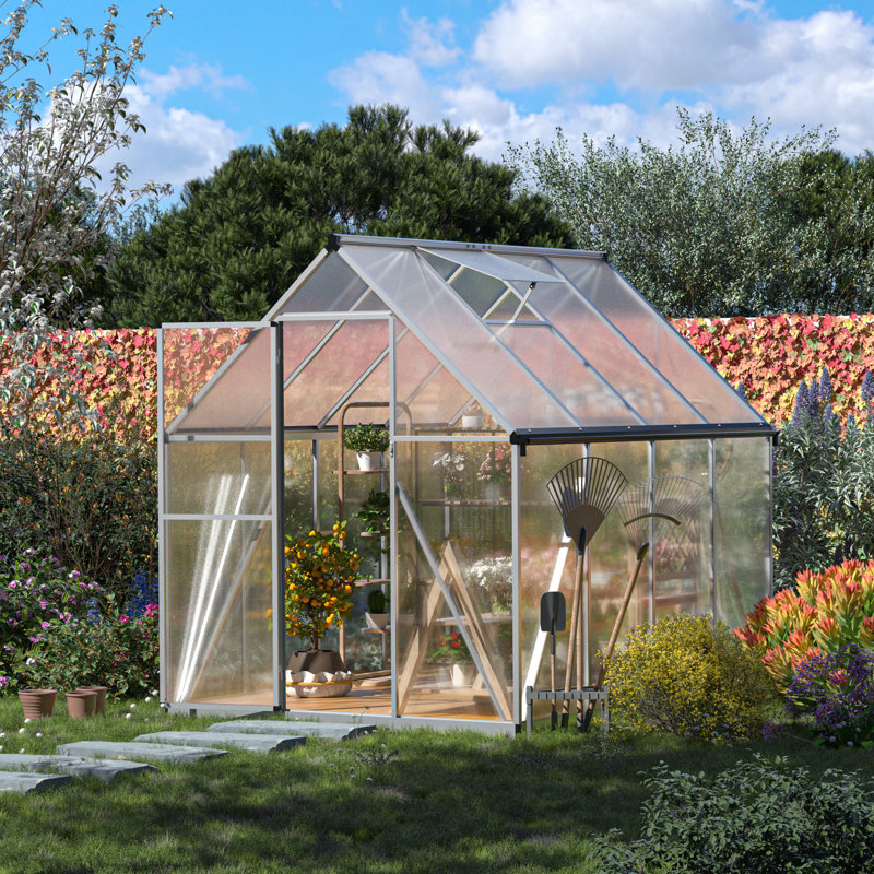 Serre de 6 pi x 8 pi avec serre en aluminium robuste, structure en aluminium, gouttière et fenêtre de ventilation pour jardiniers