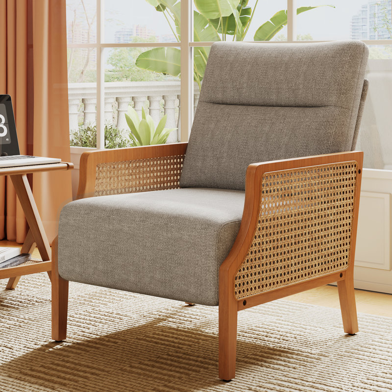 Upholstered Accent Chair With Rattan Arms And Solid Wood Legs, Taupe