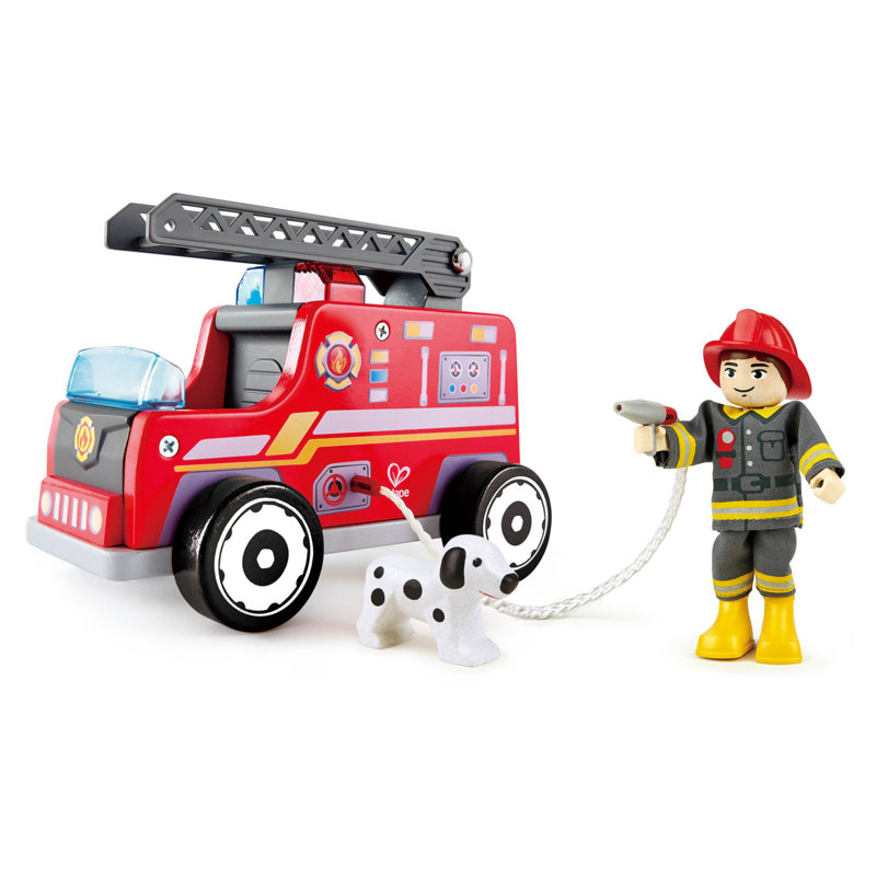 Ensemble de camion de pompiers avec pompier, pompier et chien