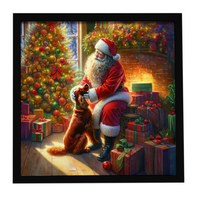 Setter irlandais et père Noël, reproduction d'art encadrée