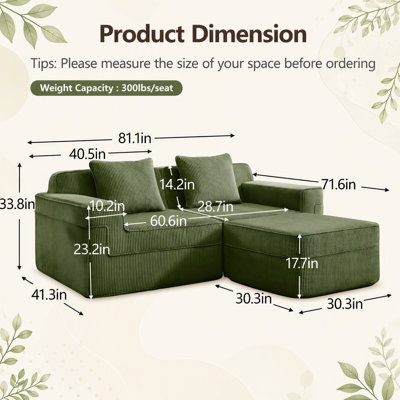 Canapé modulaire modulaire en L à 2 places avec coussins décoratifs et repose-pieds mobile, idéal pour se prélasser en famille et se détendre