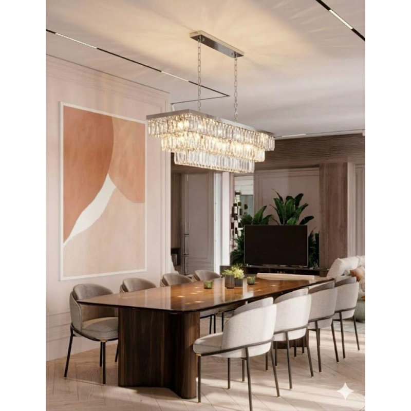 Lustre transitionnel en chrome 17 lumières avec cristaux transparents, Chrome