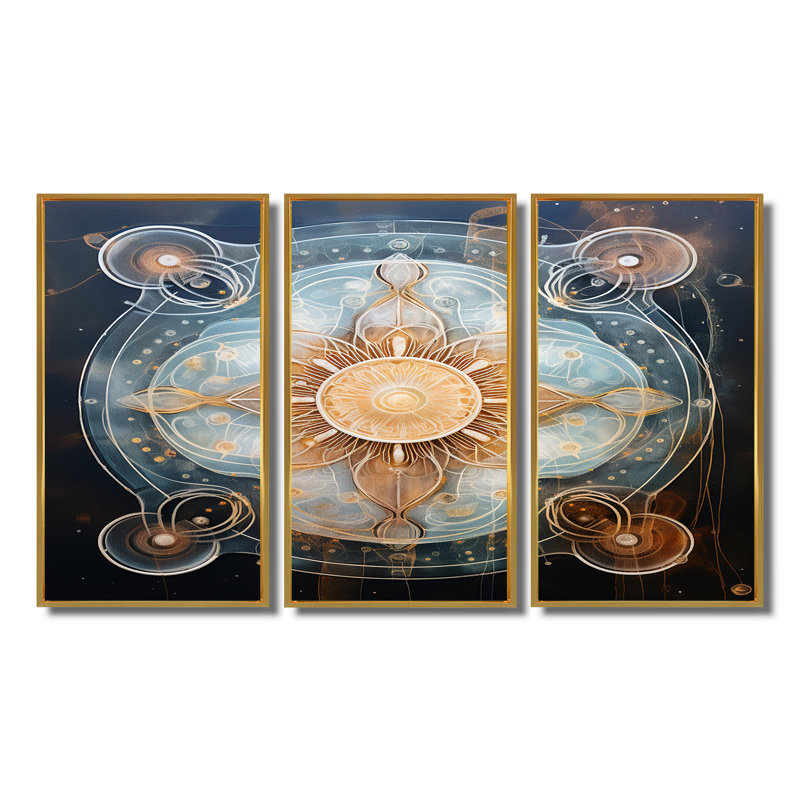 «Mystical Blue Flower - Boho Mandala», ensemble de reproduction d'art mural, Cadre flottant doré, H 32 po x l 48 po x P 1 po