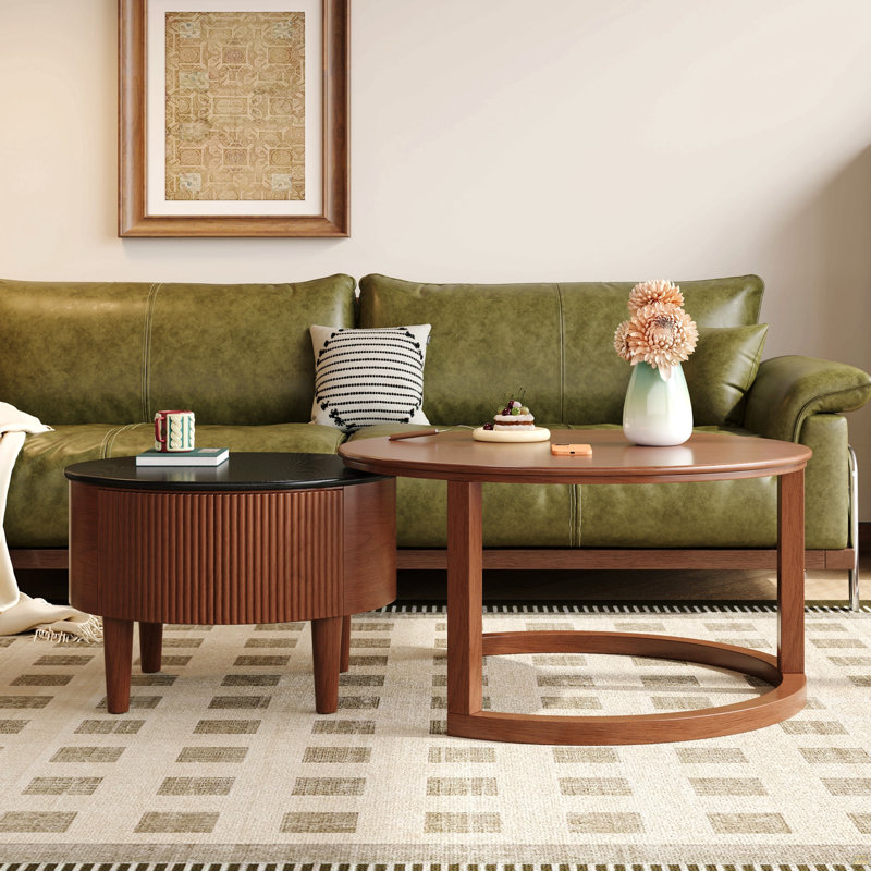 Table basse ronde emboîtable cannelée avec tiroir