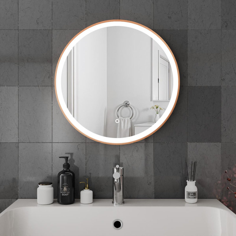 Round LED Bathroom Mirror Fog Free Touch Sensor, 60 cm H x 60 cm W, Brushed Copper
