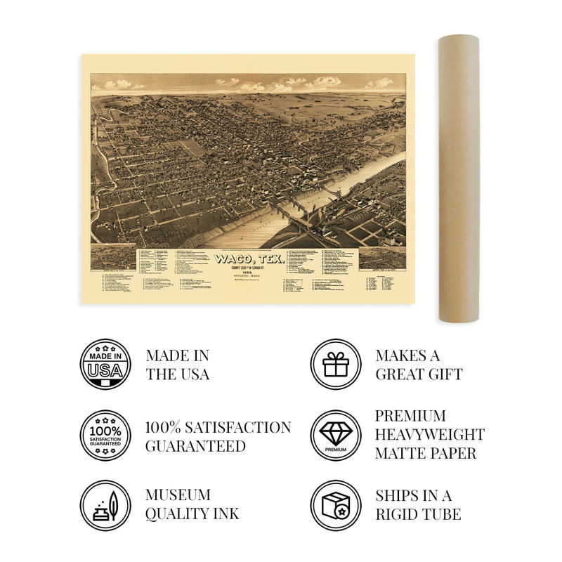 1886, Waco, Texas, carte sur papier, H 24 po x l 36 po x P 0,01 po