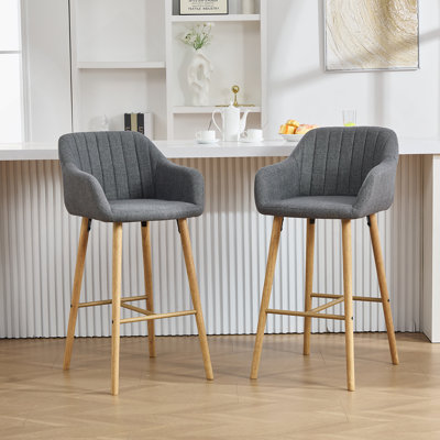 Modern Bar Stools Set Of 2, Kitchen Island Tall Chairs With Back, Arm, Footrest And Solid Wood Leg, Linen Fabric Upholstered