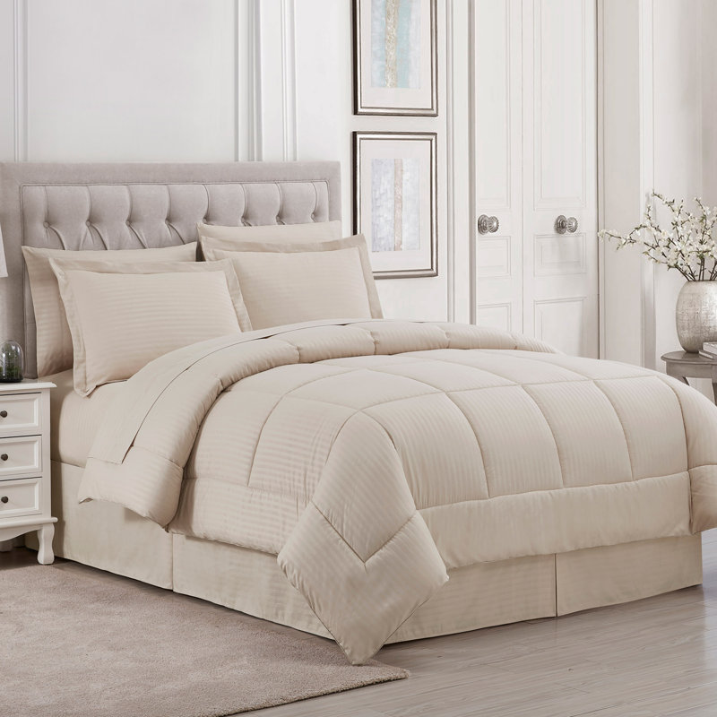 Ensemble d'édredon à rayures Dobby, Beige, Édredon très grand et 7 pièces supplémentaires