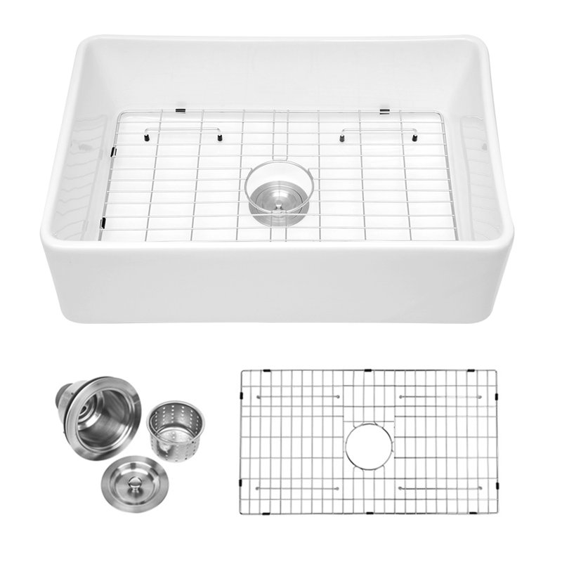 Évier de cuisine à simple cuve en céramique avec grille d'évier et grille à panier L 30 po x l 20 po