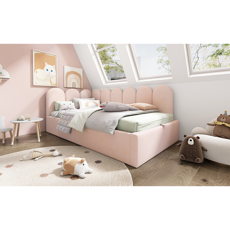 Lit de jour rembourré avec rangement, canapé-lit simple de 90 x 190 cm, lit de repos avec cadre de lit à rangement hydraulique, avec lattes en métal, velours, rose (sans matelas)