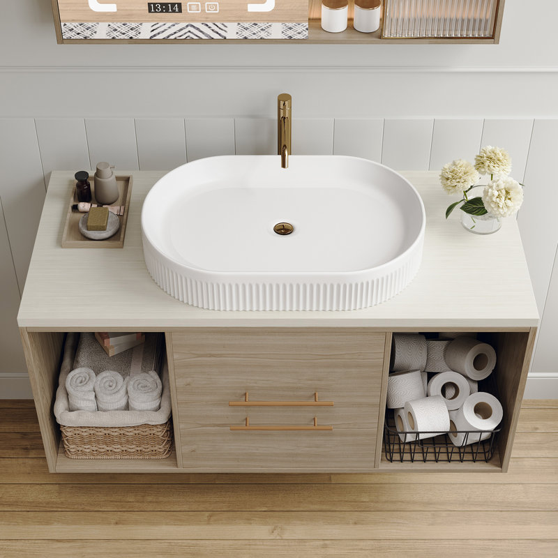 Meuble-lavabo mural moderne avec lavabo ovale en céramique, Blanc / bois, 38"