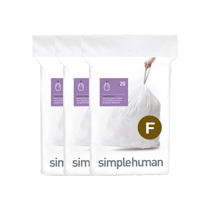 Simplehuman Code F Liners, Pack Of 60 Liners, 50% Recycled Custom Fit Bin Bags, 25-30L, White