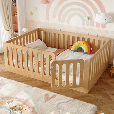 Kids Montessori Floor Bed With High Safety Fence,full Size Solid Wood Floor Bed With Door, Low-profile And No Box Spring Needed Design, Natural
