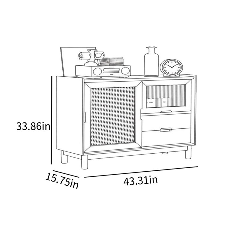 Buffet décoratif simple en verre tissé de rotin, H 33,86 po x l 43,31 po x P 15,75 po