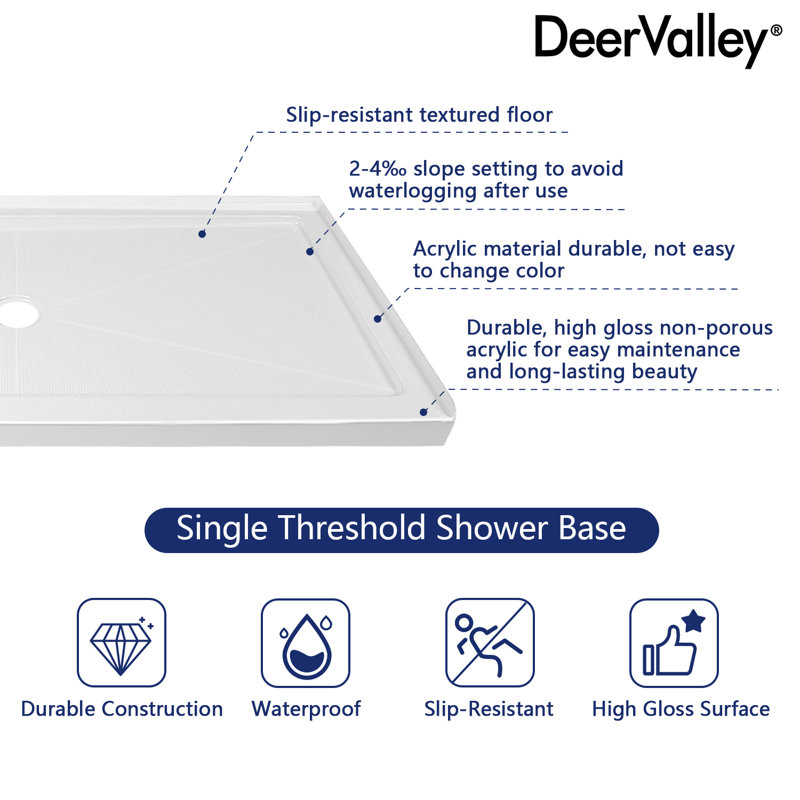 DeerValley 60" Shower Base in White with Single Threshold Shower Pan, Non-slip Design, 3.5" H x 60" W x 36" D