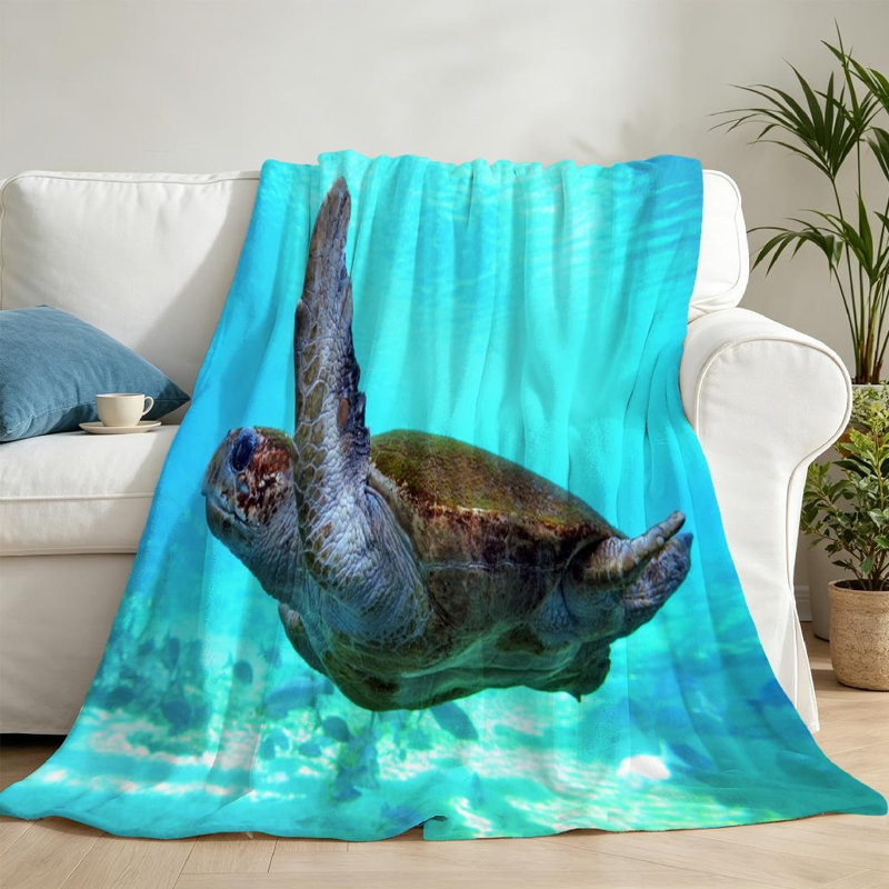 Jeté en flanelle bleue ultra douce, imprimé tortue de mer verte, Jeté 50 po x 60 po