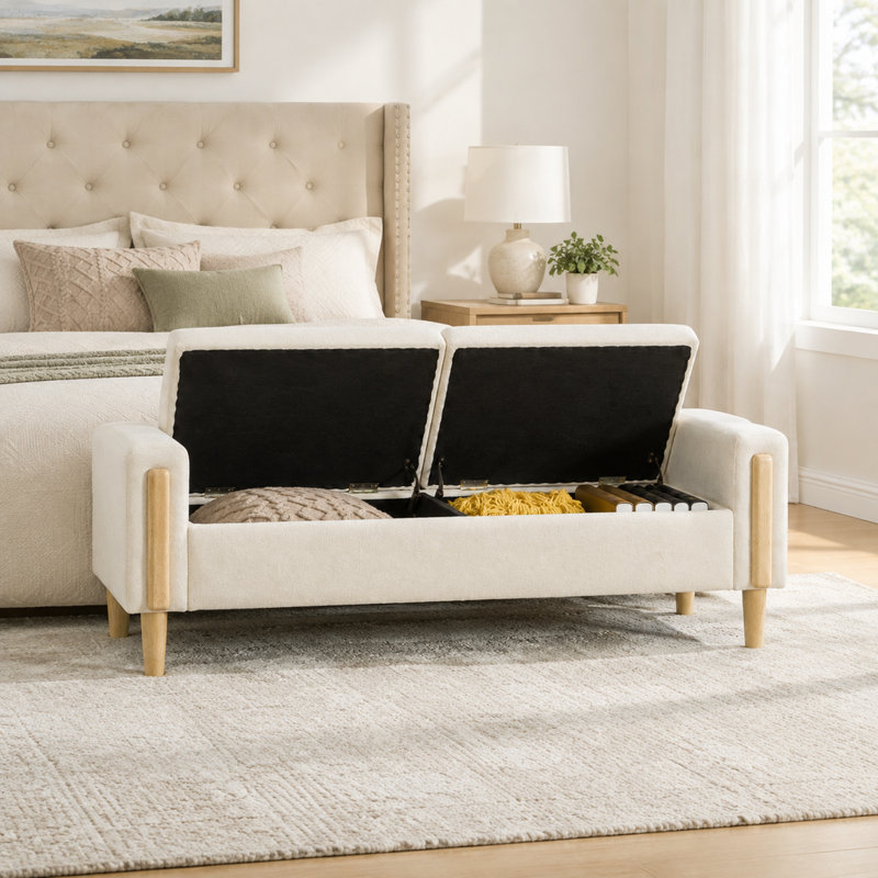Banc de rangement moderne rembourré de 167 cm de large avec couvercle double et tissu chenille