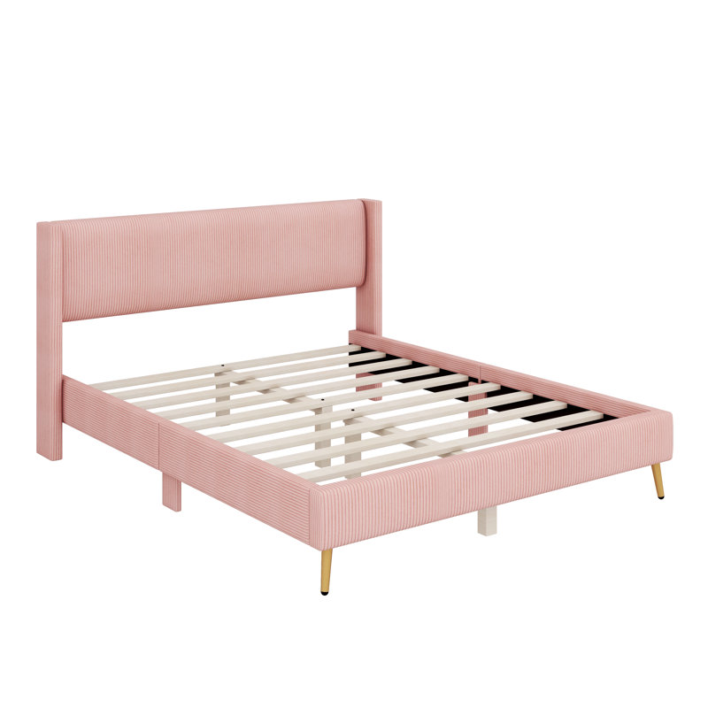 Queen Size Corduroy Platform Bed With Headboard, Pink