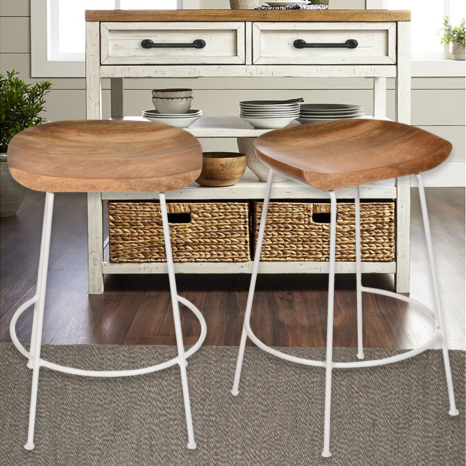 Samanthia Solid Wood Bar and Counter Stool, Counter Stool (24.5" Seat Height), Natural/White