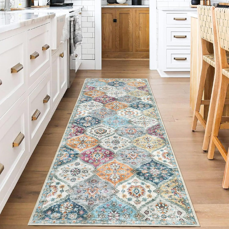 Vintage Flower Rug – Washable, Stain-Resistant, Faux Wool Accent Carpet for Living Room, Bedroom, Easy Clean (Orange)