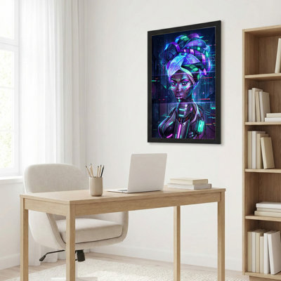 Neon Cyberpunk Woman With Turban Canvas Wrapped Wall Art Set Of 1