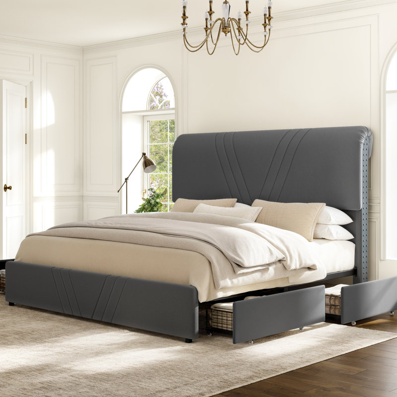 Upholstered King Bed Frame with 4 Storage Drawers and 51" Tall Velvet Headboard,No Box Spring Needed,Easy Assembly, Gray
