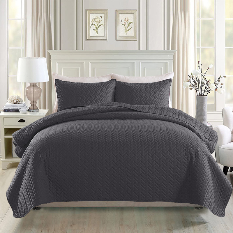 Ensemble de courtepointe réversible en microfibre 3 pièces , Courtepointe très grand + 2 très grandes taies d, Gris foncé