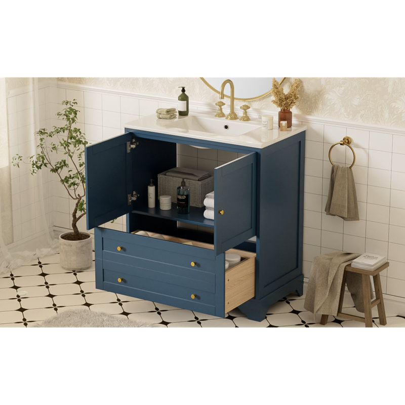Meuble-lavabo de salle de bain avec lavabo en céramique / armoire de rangement autoportante moderne avec poignées / portes