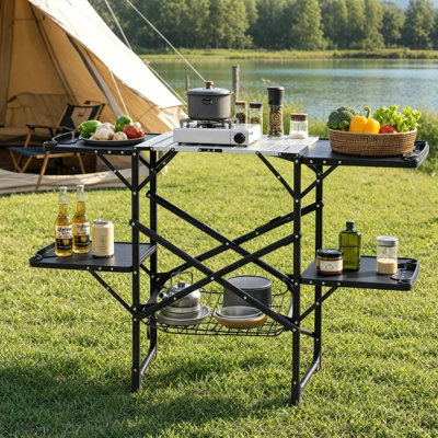 Foldable Outdoor Camping Cooking Prep Station, Reinforced Aluminum Cross Brace Frame with 4 Side Shelves, Mesh Storage Rack & Utility Hooks, Load Capacity for RV Tailgate Picnic