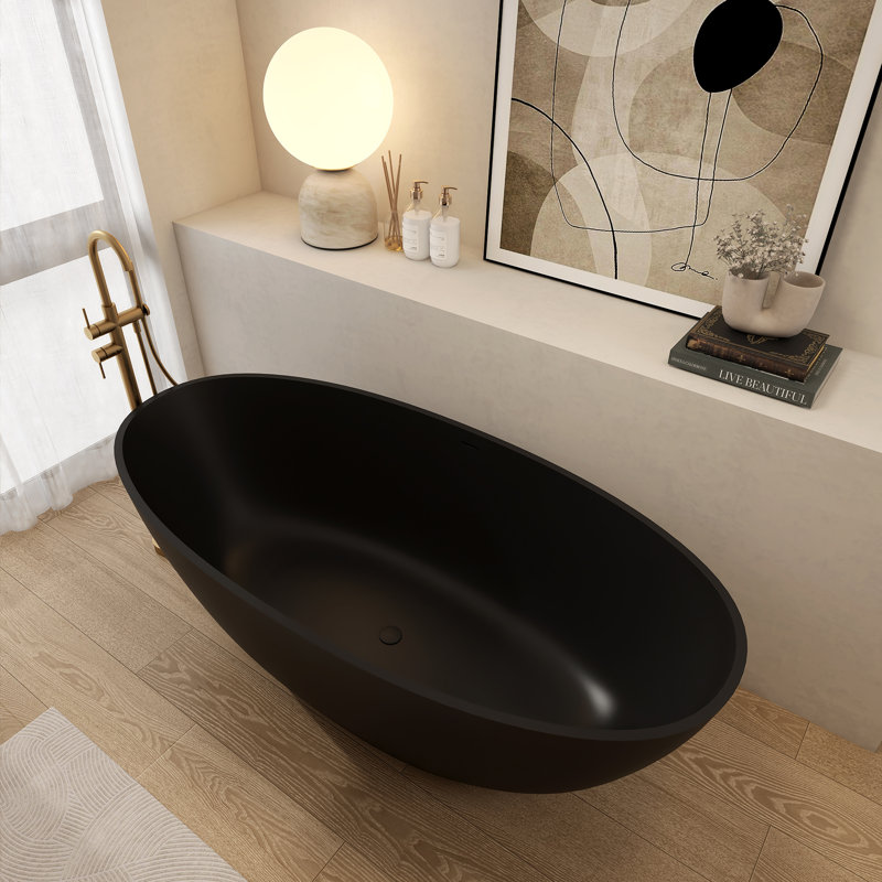 65''Solid Solid Surface Bathtub, Freestanding Soaking Bathtub, Matte Black