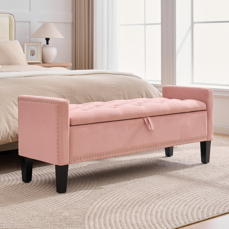 50" Wide Velvet Tufted Rectangle Storage Ottoman, Pink