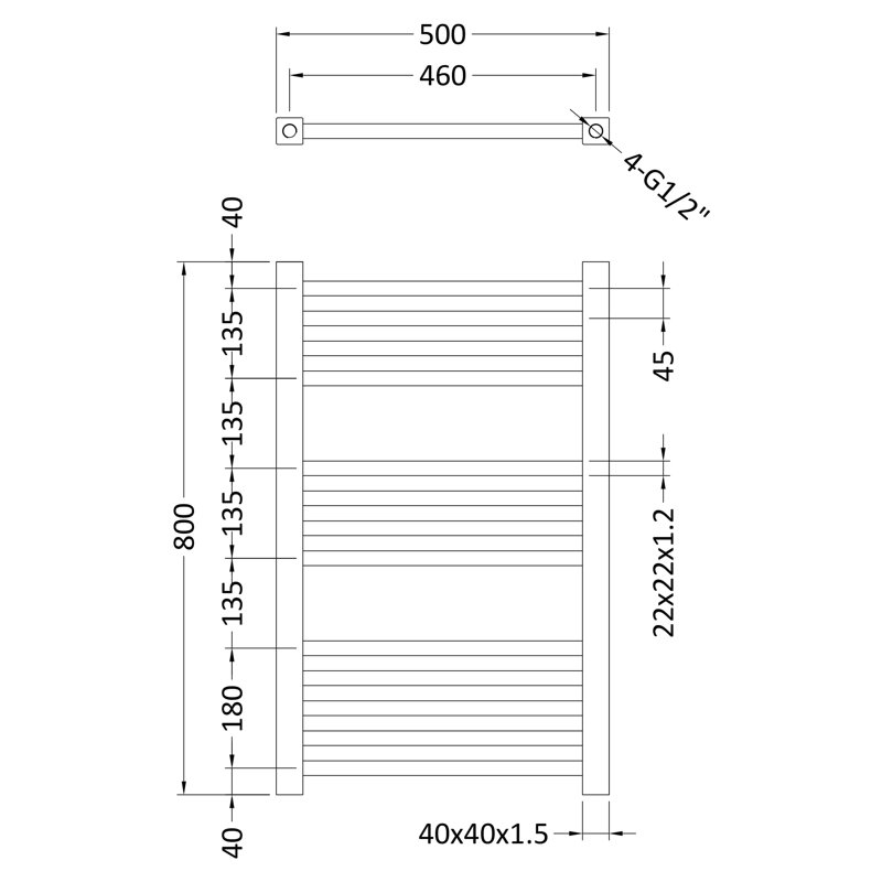 Straight Towel Rail Heated Towel Rails, 80 cm H x 50 cm W x  8 cm D