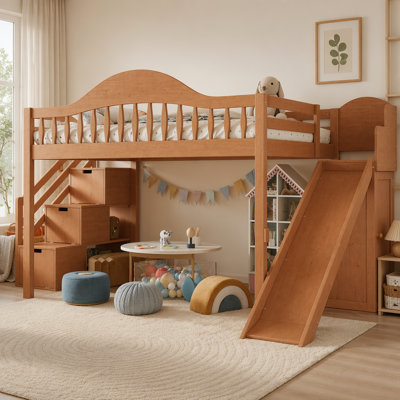 Full Loft Bed with Storage Stairs, Slide & Built-in Wardrobe, Stylish High Guardrail,wood Loft Bed Frame for Bedroom,dorms,guests.  Walnut