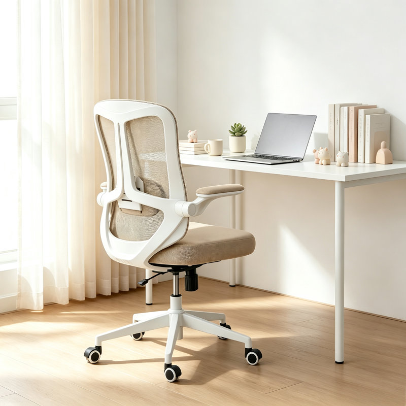 Chaise de bureau ergonomique, appui-tête réglable avec support lombaire et accoudoirs rabattables, Blanc