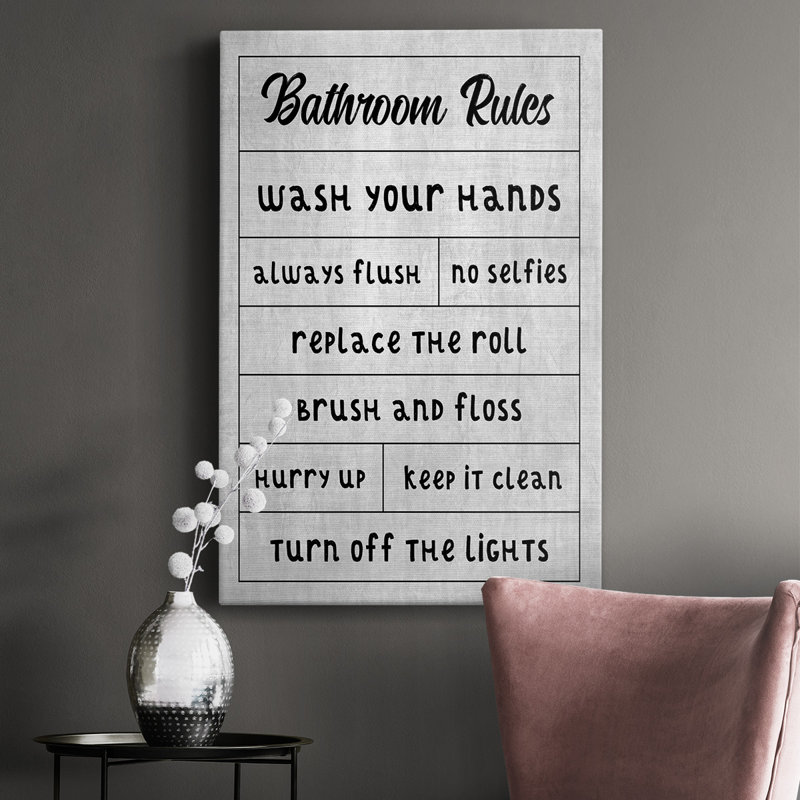Ianos Ianos Simple Bathroom Rules - Art textuel sur toile tendue, H 27 po x l 18 po x P 1 po