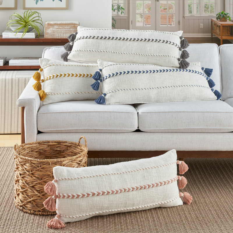 Tassels Cotton Reversible Throw Pillow, Blush Pink