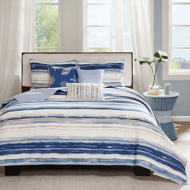 Ensemble de courtepointe 6 pièces avec coussins décoratifs bleu, Courtepointe très grand + 2 taies décoratives st
