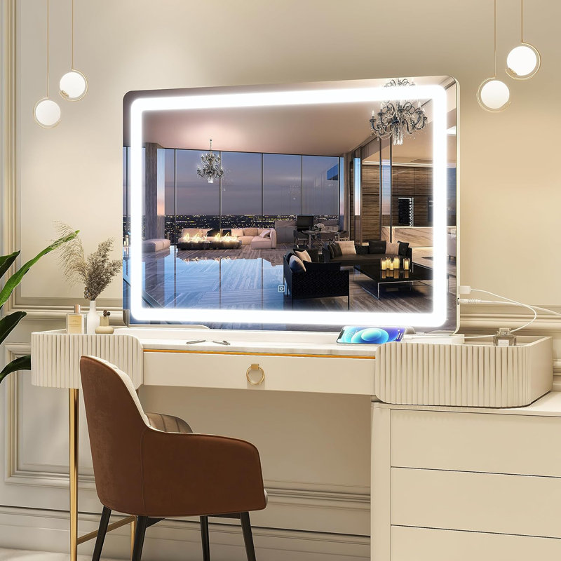 Miroir de salle de bain lumineux avec capteur tactile, modes d'éclairage 3 couleurs, luminosité réglable et port de charge USB pour le maquillage et le toilettage