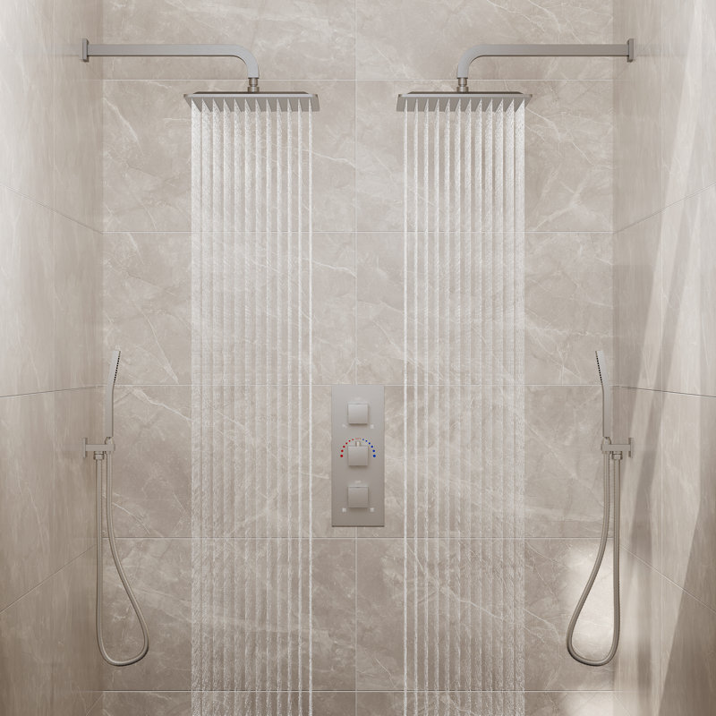 Thermostatic Rainfall Shower System, Wall-Mounted 12" High-Pressure Dual Showerheads with Handheld Spray, Brushed Nickel