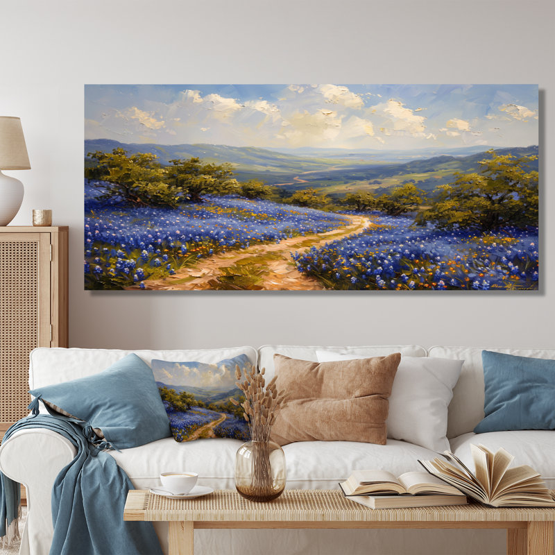 Bleu et vert pré d'été charme bleu Bonnets IV - décor mural bleu Bonnets, Toile tendue, H 28 po x l 60 po x P 1,5 po
