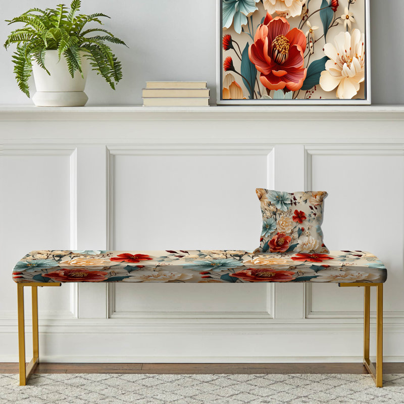 Upholstered Gold Bench, Red And Blue Poppy Mosaic Melody